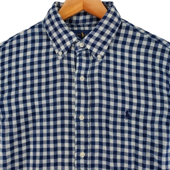 Ralph Lauren Shirt Mens M Blue Gray Gingham Check Button Down Classic Fit Cotton - Picture 5 of 15